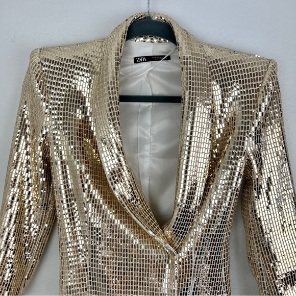 ZARA | Sequin Sparkly Gold Double Breasted Blazer Mini Dress New Years Event S - Picture 5 of 15